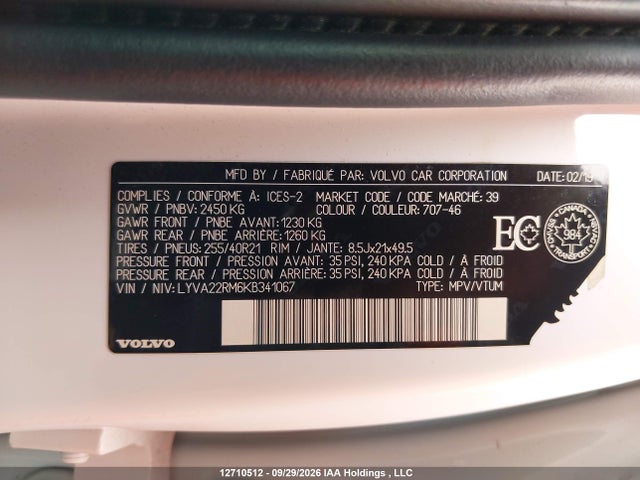 Aukcja sprzedaży 2019 Volvo Xc60 R-design, vin: LYVA22RM6KB341067, numer aukcji: 12710512