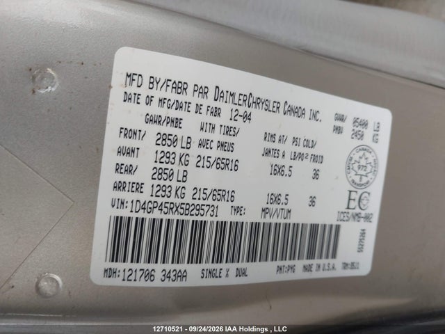 12710521 :رقم المزاد ، 1D4GP45RX5B295731 vin ، 2005 Dodge Caravan Sxt مزاد بيع