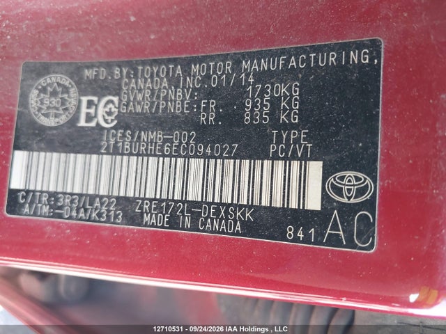 12710531 :رقم المزاد ، 2T1BURHE6EC094027 vin ، 2014 Toyota Corolla S مزاد بيع