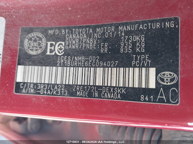 12710531 :رقم المزاد ، 2T1BURHE6EC094027 vin ، 2014 Toyota Corolla S مزاد بيع
