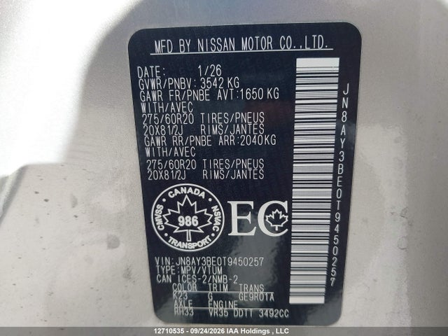 Aukcja sprzedaży 2026 Nissan Armada Sl, vin: JN8AY3BE0T9450257, numer aukcji: 12710535
