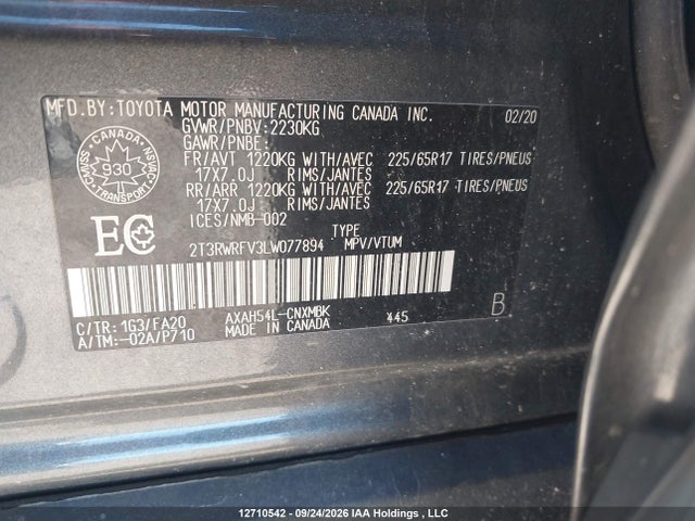 12710542 :رقم المزاد ، 2T3RWRFV3LW077894 vin ، 2020 Toyota Rav4 Hybrid Xle مزاد بيع