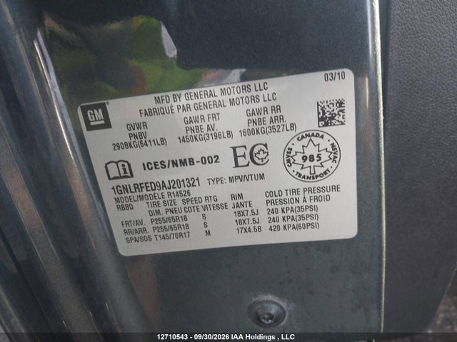 12710543 :رقم المزاد ، 1GNLRFED9AJ201321 vin ، 2010 Chevrolet Traverse Lt مزاد بيع