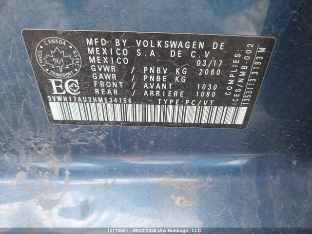 Aukcja sprzedaży 2017 Volkswagen Golf Alltrack 1.8 Tsi, vin: 3VWH17AU3HM534156, numer aukcji: 12710551