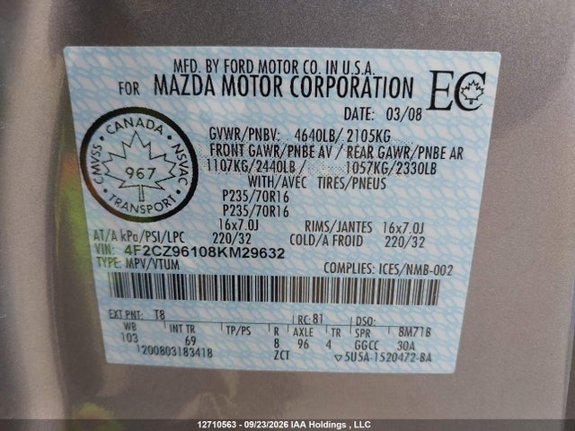 Продаж на аукціоні авто 2008 Mazda Tribute Gs V6/gt V6/gx V6, vin: 4F2CZ96108KM29632, номер лоту: 12710563