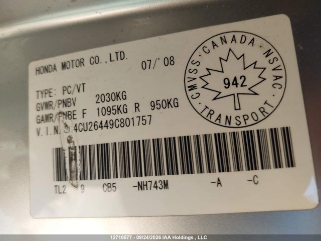 12710577 :رقم المزاد ، JH4CU26449C801757 vin ، 2009 Acura Tsx مزاد بيع