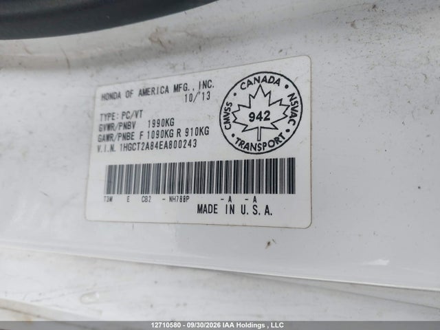 12710580 :رقم المزاد ، 1HGCT2A84EA800243 vin ، 2014 Honda Accord Exl مزاد بيع