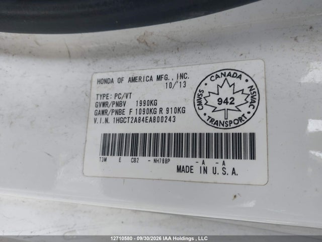 12710580 :رقم المزاد ، 1HGCT2A84EA800243 vin ، 2014 Honda Accord Exl مزاد بيع