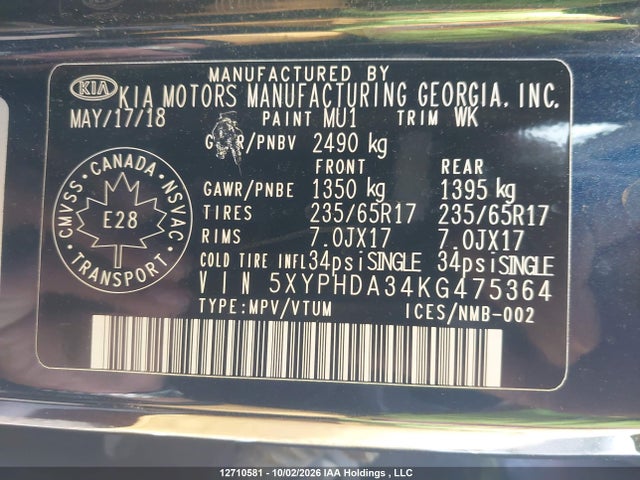 12710581 :رقم المزاد ، 5XYPHDA34KG475364 vin ، 2019 Kia Sorento Ex 2.4 مزاد بيع