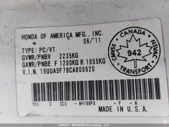 2012 Acura Tl მანქანა იყიდება აუქციონზე, vin: 19UUA9F78CA800620, აუქციონის ნომერი: 12700317