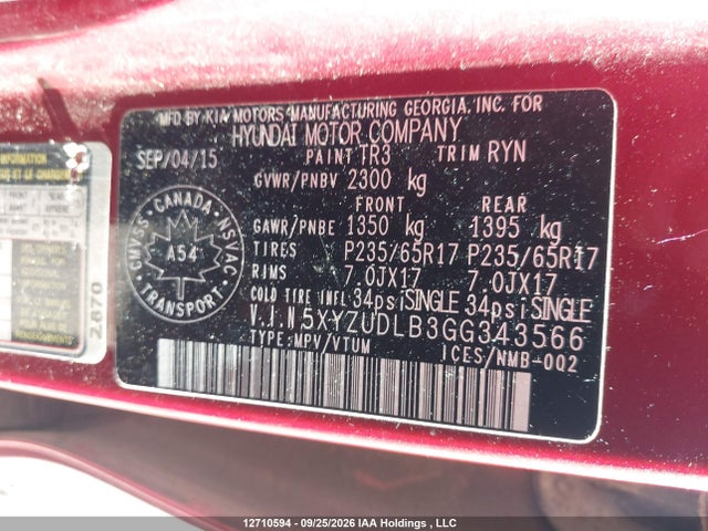 12710594 :رقم المزاد ، 5XYZUDLB3GG343566 vin ، 2016 Hyundai Santa Fe Sport Premium مزاد بيع