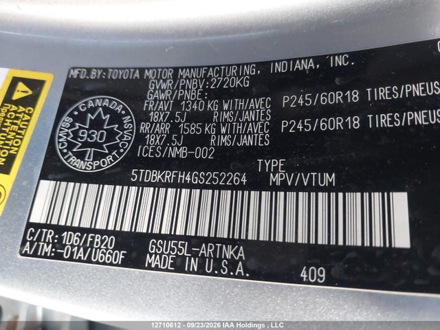 Aukcja sprzedaży 2016 Toyota Highlander Le/le Plus, vin: 5TDBKRFH4GS252264, numer aukcji: 12710612