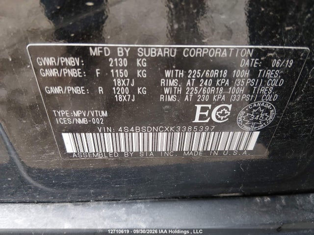 12710619 :رقم المزاد ، 4S4BSDNCXK3385397 vin ، 2019 Subaru Outback 2.5i Limited مزاد بيع