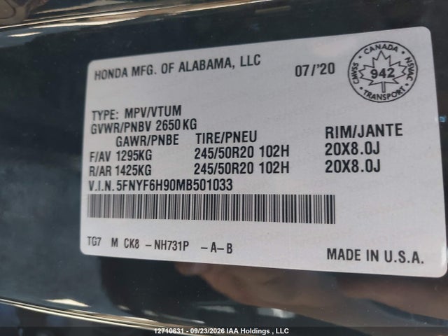 12710631 :رقم المزاد ، 5FNYF6H90MB501033 vin ، 2021 Honda Pilot Touring 8p مزاد بيع