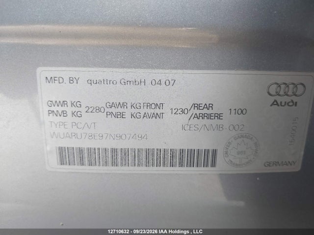 12710632 :رقم المزاد ، WUARU78E97N907494 vin ، 2007 Audi Rs4 Quattro مزاد بيع