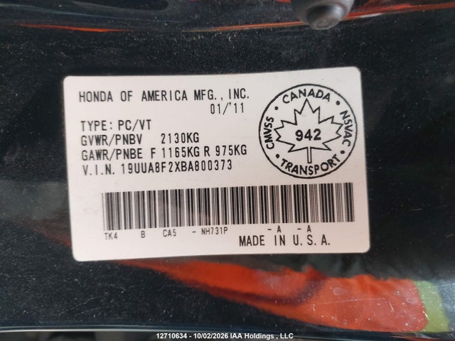 12710634 :رقم المزاد ، 19UUA8F2XBA800373 vin ، 2011 Acura Tl مزاد بيع