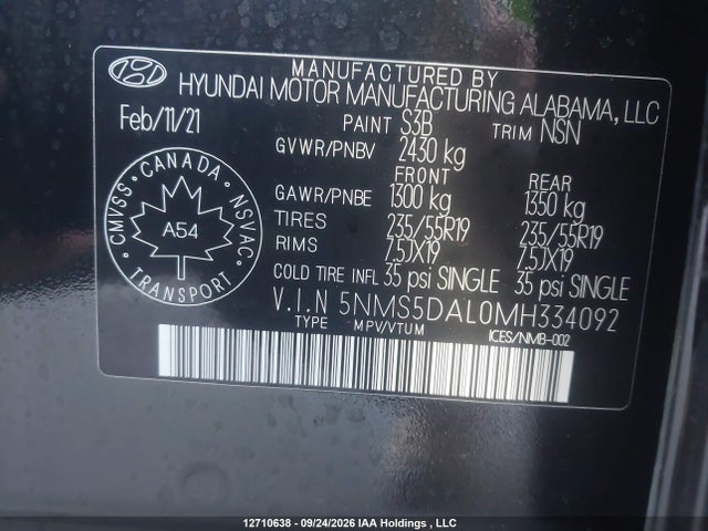 2021 Hyundai Santa Fe Calligraphy მანქანა იყიდება აუქციონზე, vin: 5NMS5DAL0MH334092, აუქციონის ნომერი: 12710638