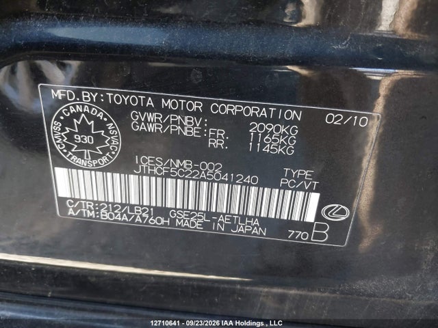 12710641 :رقم المزاد ، JTHCF5C22A5041240 vin ، 2010 Lexus Is 250 مزاد بيع