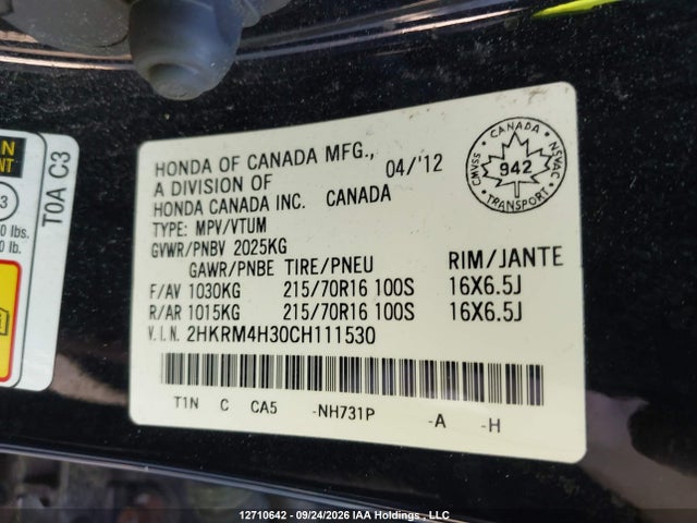 Aukcja sprzedaży 2012 Honda Cr-v, vin: 2HKRM4H30CH111530, numer aukcji: 12710642