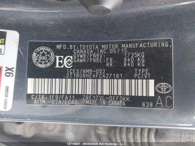 12710657 :رقم المزاد ، 2T1BURHE4FC427181 vin ، 2015 Toyota Corolla Ce مزاد بيع