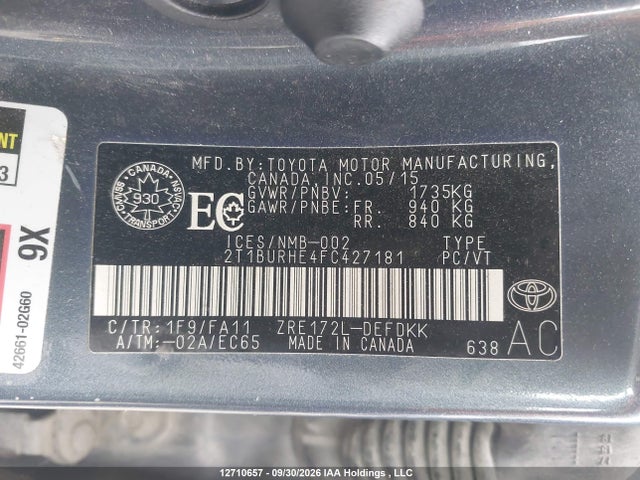 12710657 :رقم المزاد ، 2T1BURHE4FC427181 vin ، 2015 Toyota Corolla Ce مزاد بيع