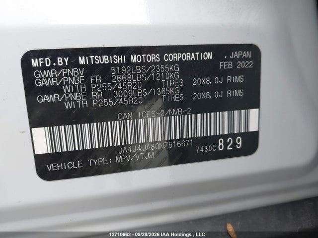 JA4J4UA80NZ616671 Mitsubishi Outlander Le/le Premium/se/sel