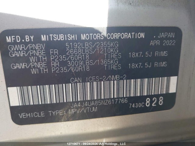 Aukcja sprzedaży 2022 Mitsubishi Outlander, vin: JA4J4UA85NZ617766, numer aukcji: 12710671