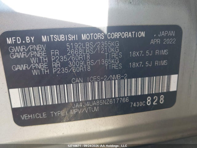 Aukcja sprzedaży 2022 Mitsubishi Outlander, vin: JA4J4UA85NZ617766, numer aukcji: 12710671