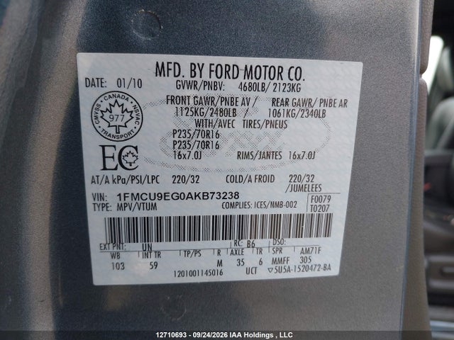 Продажа на аукционе авто 2010 Ford Escape Limited, vin: 1FMCU9EG0AKB73238, номер лота: 12710693