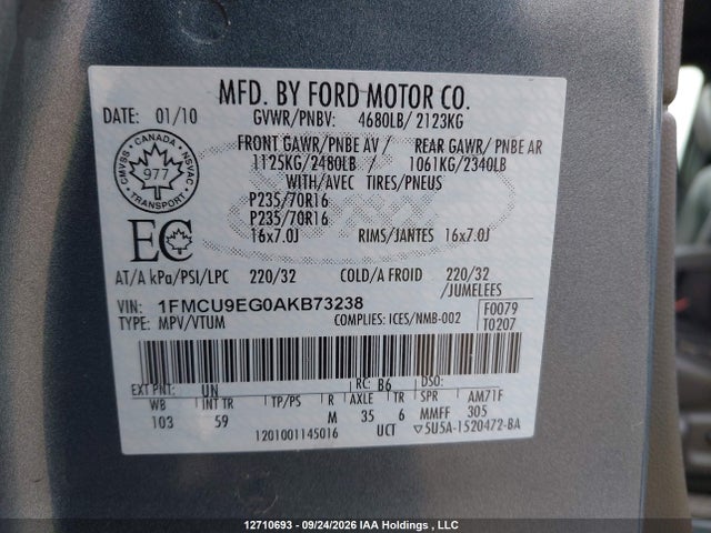 Продажа на аукционе авто 2010 Ford Escape Limited, vin: 1FMCU9EG0AKB73238, номер лота: 12710693