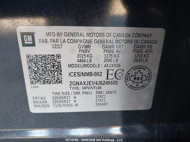 Aukcja sprzedaży 2018 Chevrolet Equinox Lt, vin: 2GNAXJEV4J6249685, numer aukcji: 12710709