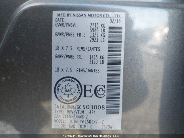Продаж на аукціоні авто 2016 Infiniti Qx60, vin: 5N1AL0MM2GC503008, номер лоту: 12710741