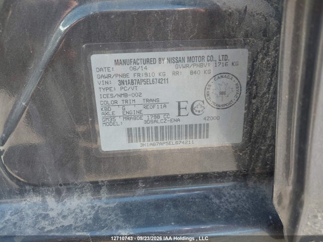 2014 Nissan Sentra S/sv/sr/sl მანქანა იყიდება აუქციონზე, vin: 3N1AB7AP5EL674211, აუქციონის ნომერი: 12710743
