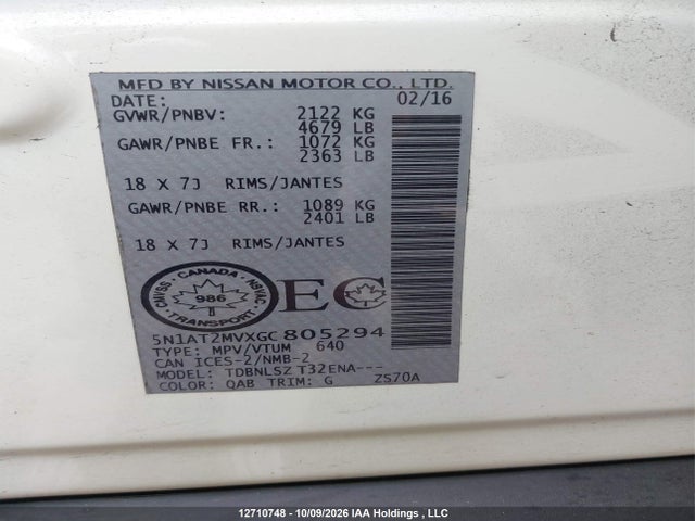 12710748 :رقم المزاد ، 5N1AT2MVXGC805294 vin ، 2016 Nissan Rogue مزاد بيع