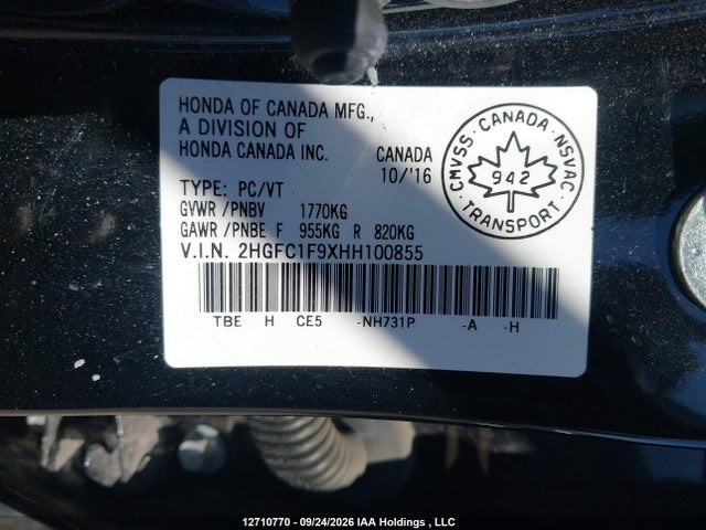 Aukcja sprzedaży 2017 Honda Civic Touring, vin: 2HGFC1F9XHH100855, numer aukcji: 12710770