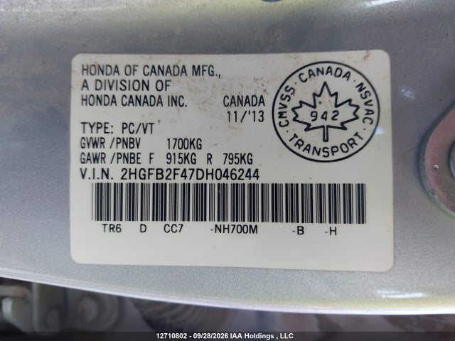 12710802 :رقم المزاد ، 2HGFB2F47DH046244 vin ، 2013 Honda Civic Lx مزاد بيع