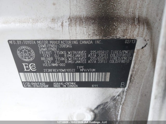 12710809 :رقم المزاد ، 2T3RFREV1DW010522 vin ، 2013 Toyota Rav4 Xle مزاد بيع