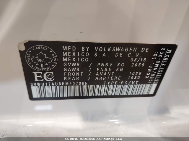 Aukcja sprzedaży 2017 Volkswagen Golf Alltrack 1.8 Tsi, vin: 3VWH17AU8HM507065, numer aukcji: 12710815