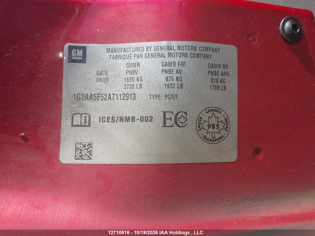 12710816 :رقم المزاد ، 1G2AA5F52A7112913 vin ، 2010 Pontiac G5 مزاد بيع