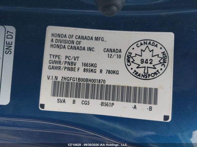 Продажа на аукционе авто 2011 Honda Civic, vin: 2HGFG1B00BH001870, номер лота: 12710828