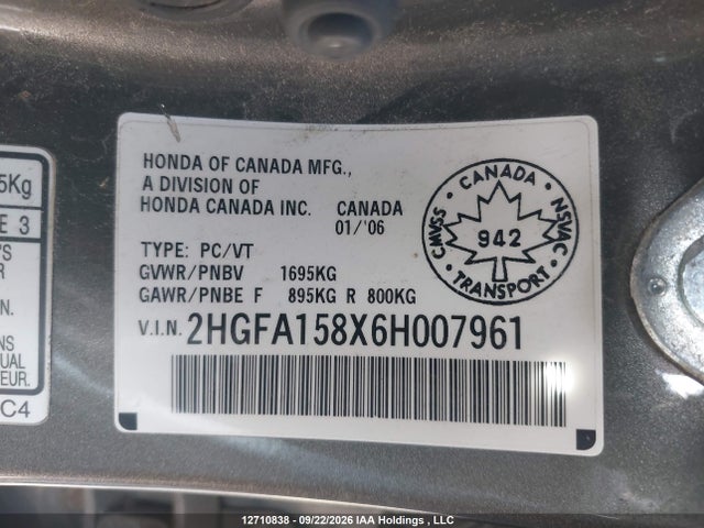 Aukcja sprzedaży 2006 Honda Civic Ex 4dr, vin: 2HGFA158X6H007961, numer aukcji: 12710838