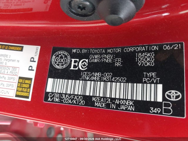 Toyota Corolla 2021 JTNK4MBE1M3142502 Image 9