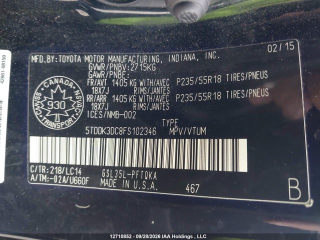 5TDDK3DC8FS102346 Toyota Sienna Xle 7 Passenger