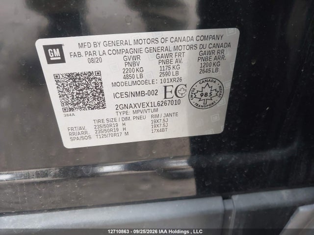 2020 Chevrolet Equinox Lt მანქანა იყიდება აუქციონზე, vin: 2GNAXVEX1L6267010, აუქციონის ნომერი: 12710863