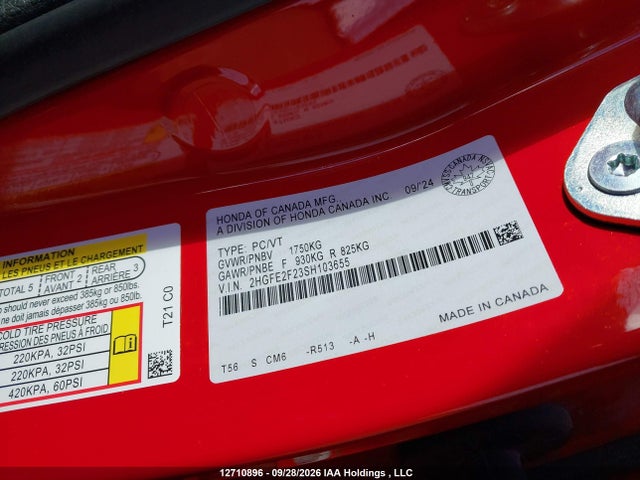 Auction sale of the 2025 Honda Civic Lx, vin: 2HGFE2F23SH103655, lot number: 12710896
