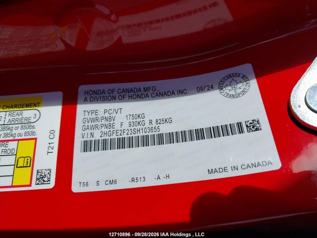 Auction sale of the 2025 Honda Civic Lx, vin: 2HGFE2F23SH103655, lot number: 12710896
