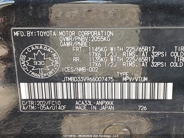 Продажа на аукционе авто 2006 Toyota Rav4, vin: JTMBD33V966007475, номер лота: 12710910