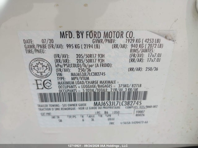 Aukcja sprzedaży 2020 Ford Ecosport Ses, vin: MAJ6S3JL7LC382745, numer aukcji: 12710921