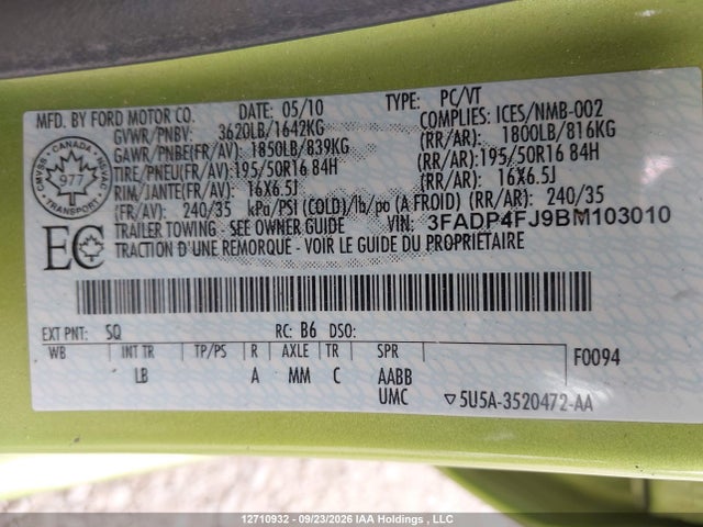 Продаж на аукціоні авто 2011 Ford Fiesta Ses, vin: 3FADP4FJ9BM103010, номер лоту: 12710932