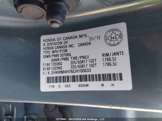12710941 :رقم المزاد ، 2HKRM4H76CH100633 vin ، 2012 Honda Cr-v Exl مزاد بيع